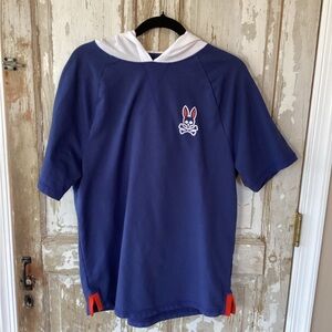 Psycho Bunny Navy Blue Short-Sleeve Hoodie with White Hood and Red Accents - MED